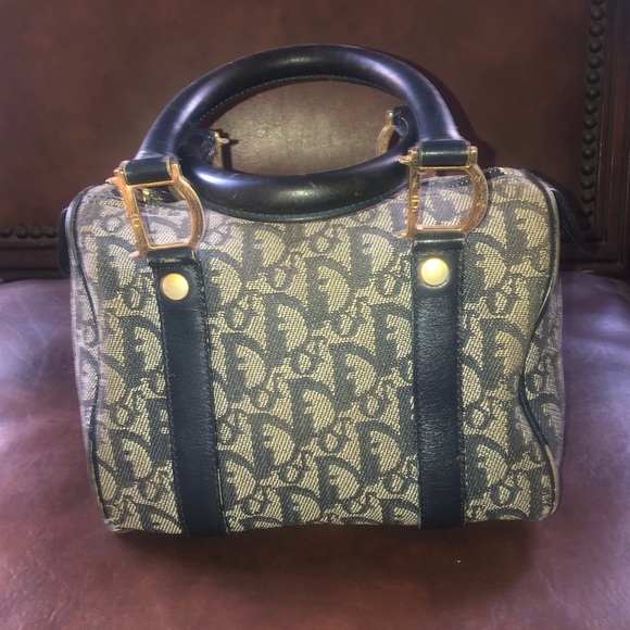 Christian Dior] Blue Logo Denim Leather Boston bag with lock + key - Picture 14 of 16